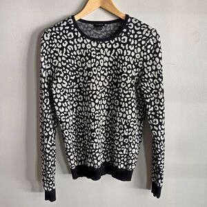 Ann Taylor Black White Leopard Print Crew Sweater Preppy Chic Cozy
